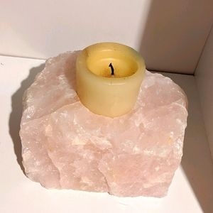 Raw Rose Quartz Candleholder Bohemian Valentine Romantic Elegant Timeless Gem